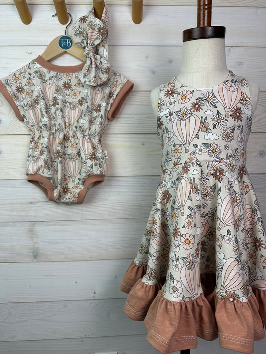Organic Ruffle Dress – Hot Air Balloons & Floral Whimsy