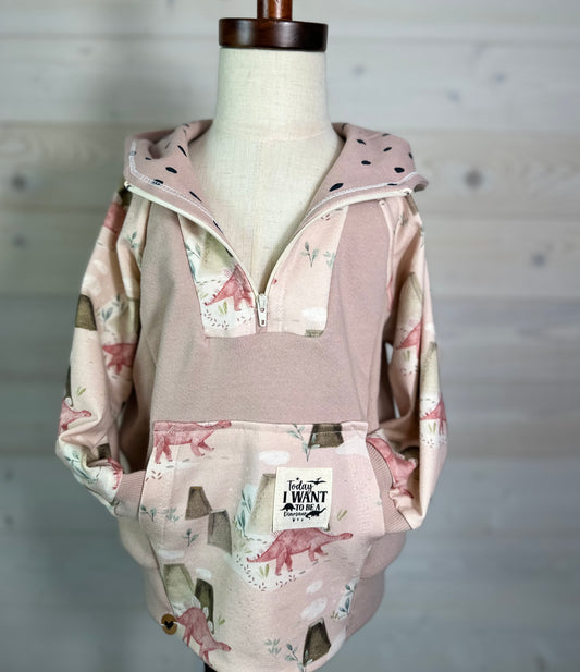 2T Organic Pink Dino Half-Zip Hoodie