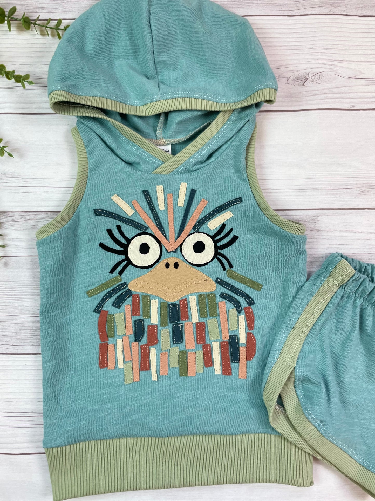 4T Ostrich appliqued hooded tank and matching track shorts