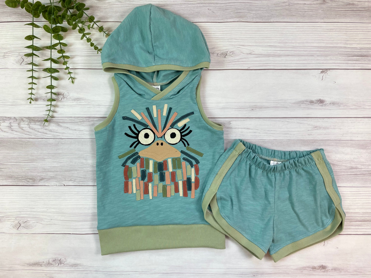 4T Ostrich appliqued hooded tank and matching track shorts