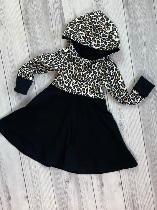 Leopard, Leopard Dress, Animal Print, Hoodie, Hooded Dress, Grow with me Clothes, Back to School, Black Dress, Organic Cotton, Dress, Sleeve