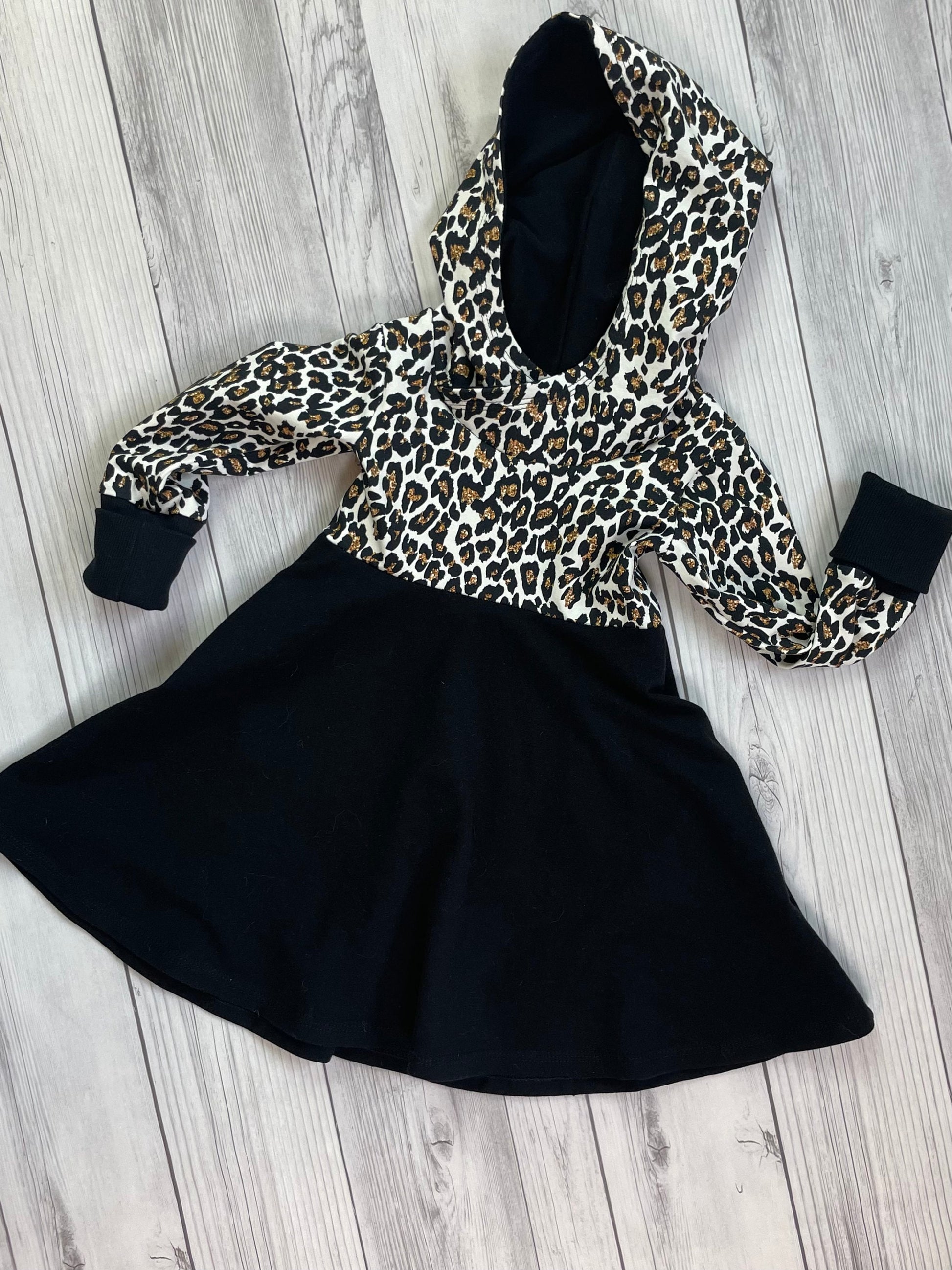 Leopard, Leopard Dress, Animal Print, Hoodie, Hooded Dress, Grow with me Clothes, Back to School, Black Dress, Organic Cotton, Dress, Sleeve